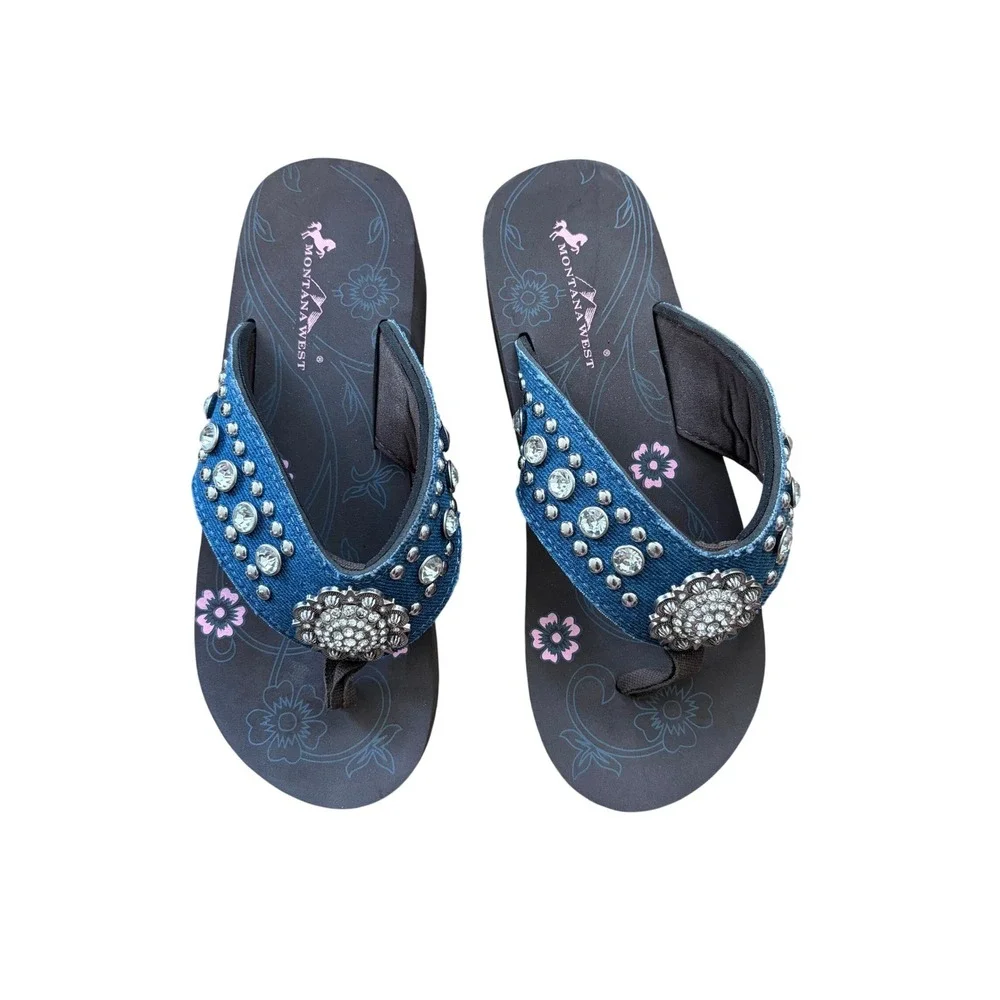 Montana West Womens Denim Rhinestone Studded Platform Flip Flops Blue Size 8